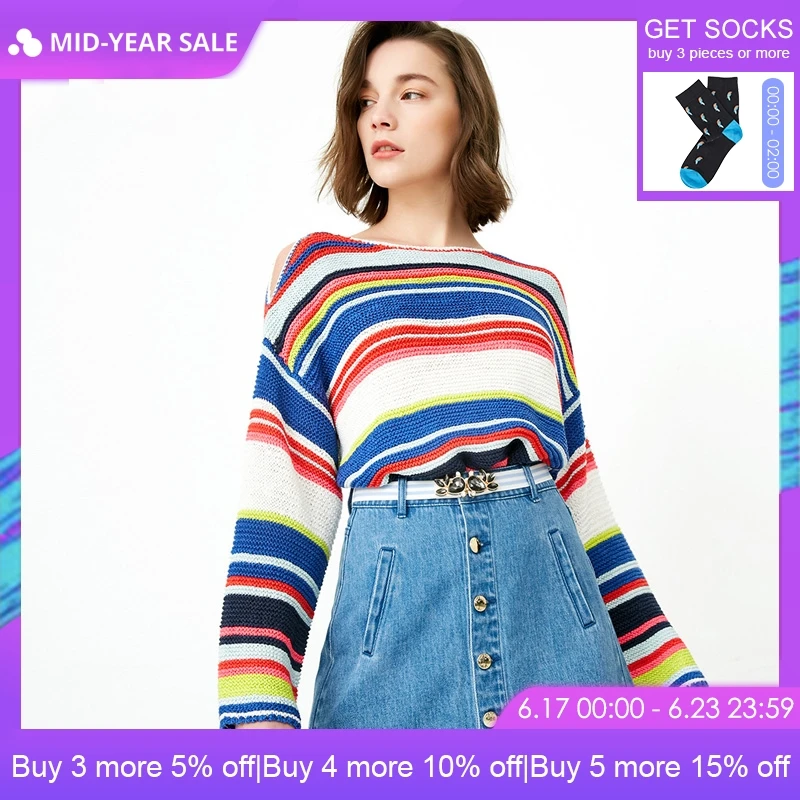 

ONLY 2019 Spring Summer New Women's Loose Fit Colored Stripes Knit |118124553