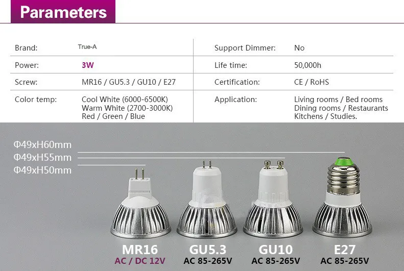 MR16 лампада светодиодные лампочки GU5.3 3 w затемнения 110 V 220 V прожекторы E27 E14 Gu10 DC12V лампы