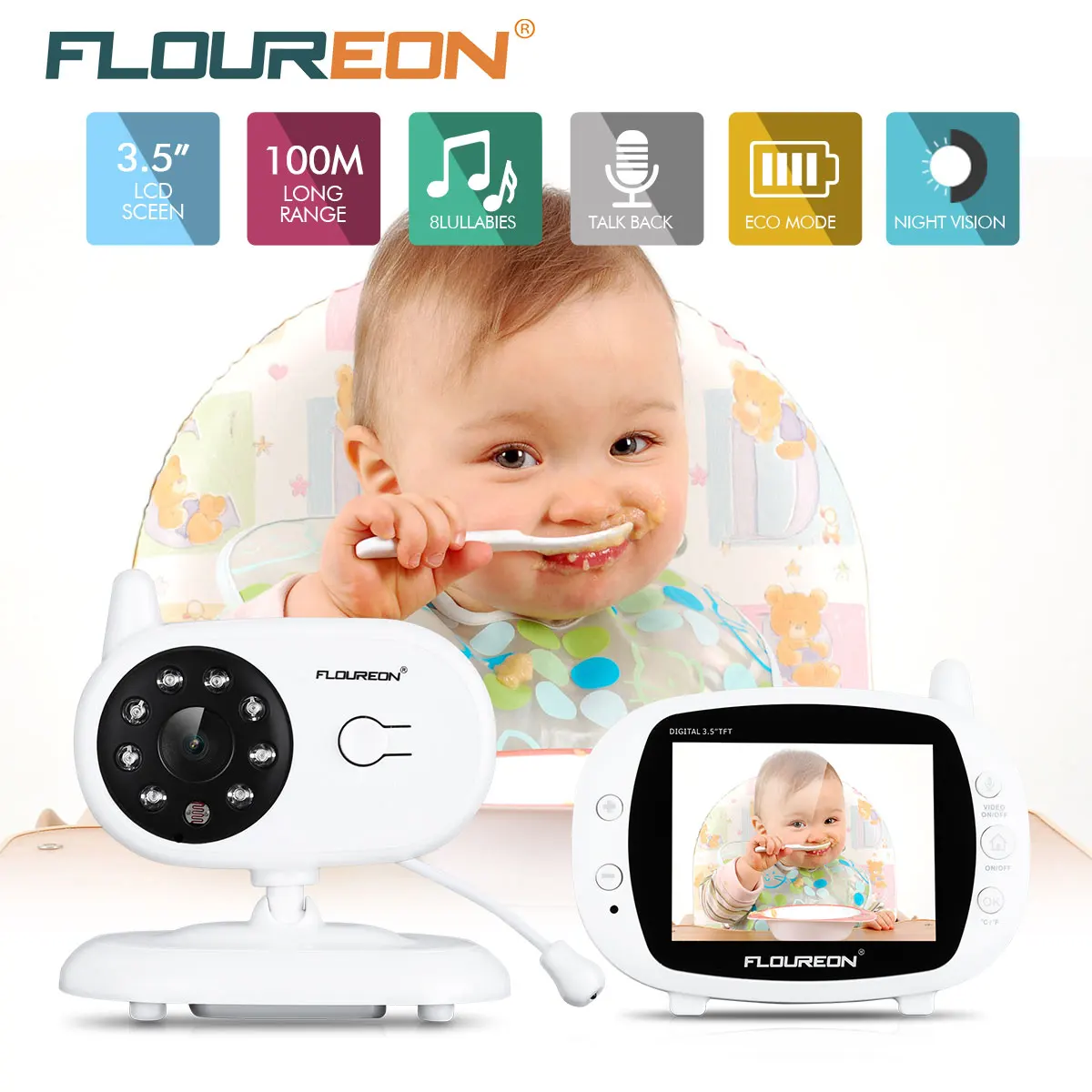 

FLOUREON 3.5'' Digital Wireless Baby Monitor LCD Display Video Nanny Security Camera Temperature 2 Way Talk Night Vision