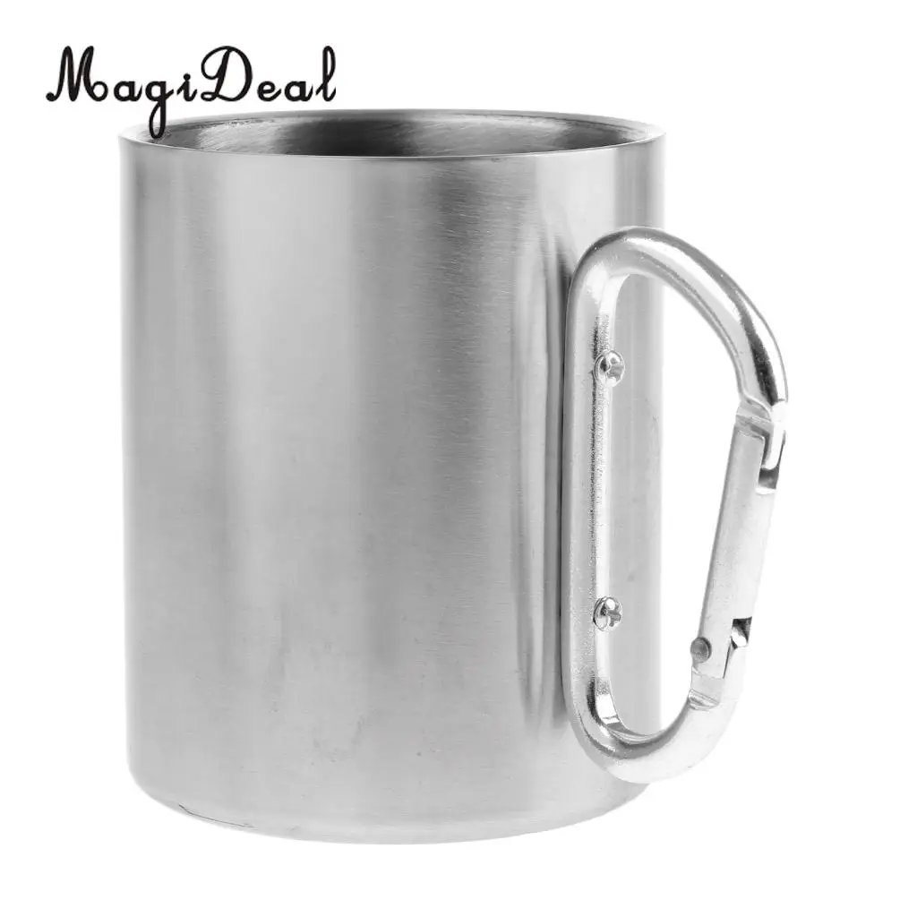 MagiDeal 300ML Stainless Steel Outdoor Camping Cup Coffee Mug with Carabiner Handle for Mountaineering 