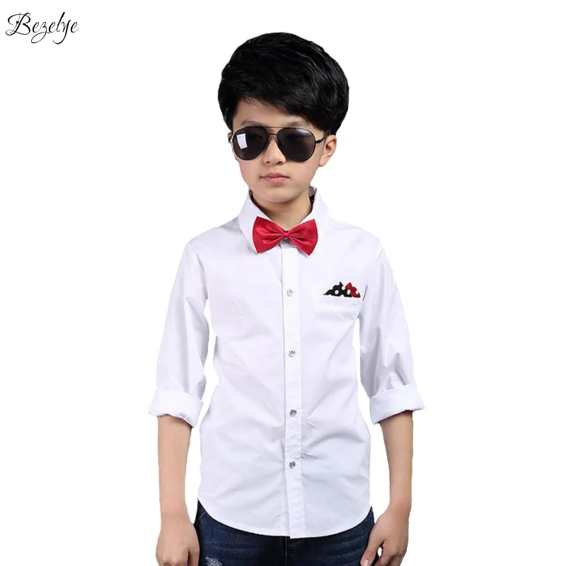 2017 Fashion Boys Dress Shirts Solid White School Blouse Long Sleeves