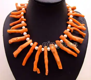 

Qingmos Big 8*70mm GENUINE Pink Branch shape Coral and 8-9mm White Pearl 18" Necklace-nec6162 Wholesale/retail Free shipping