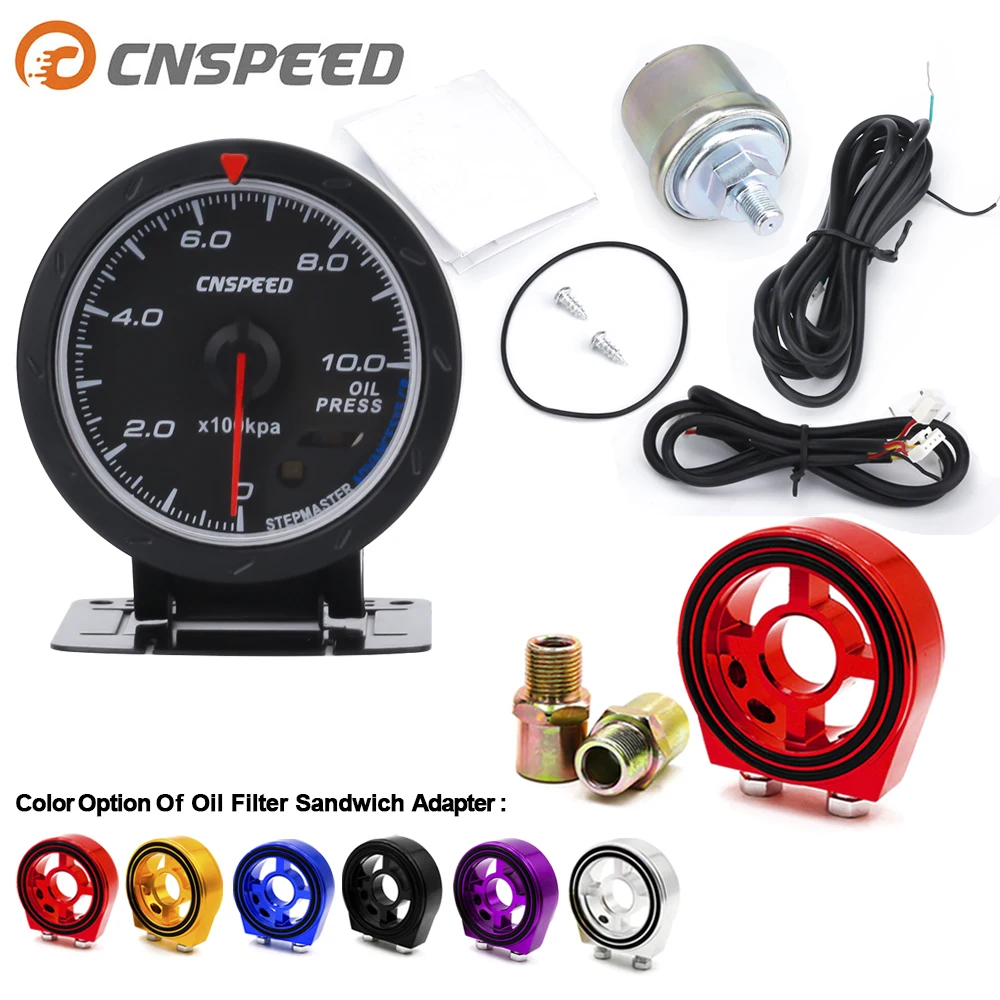 

CNSPEED 60MM Car 12V Oil pressure Gauge 0-10 BAR Oil Press Meter With Sensor Red & White Light with Oil Filter Sandwich Adapter