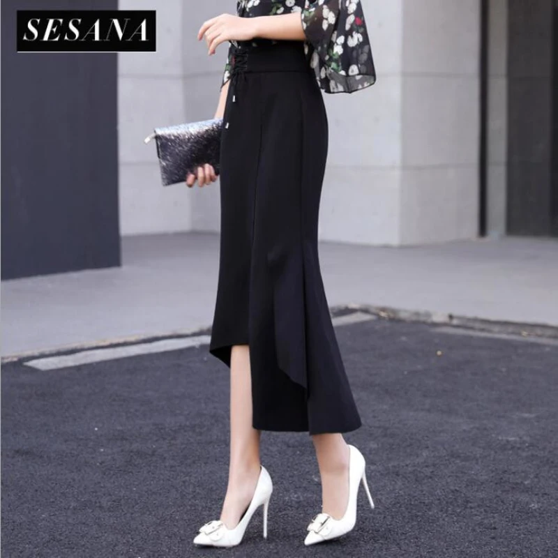 Брендовые качественные элегантные офисные женские юбки, новинка, черная Весенняя и летняя юбка на шнуровке, уникальный дизайн, нестандартная Женская юбка