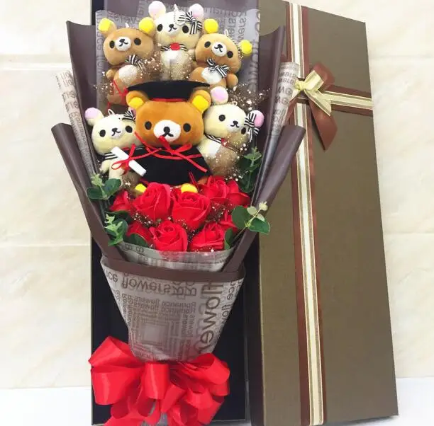 

Rilakkuma Plush Skin Relax Bear plush toys with Doctorial hats cartoon flower Bouquet Stuffed Animal Dolls For Graduation gifts