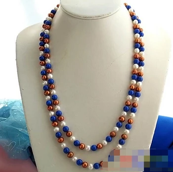 

02893 ROUND COFFEE WHITE FRESHWATER PEARL LAPIS NECKLACE