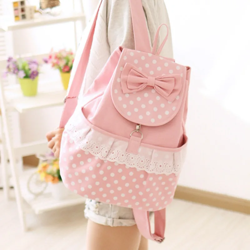 Mochilas de Viagem Adomoe Japão Estilo Kawaii Laço Arco Mochila Adolescentes Lona Ocasional Bolsa Escolar Coreano Mori Menina Estudantes Frescos Dot