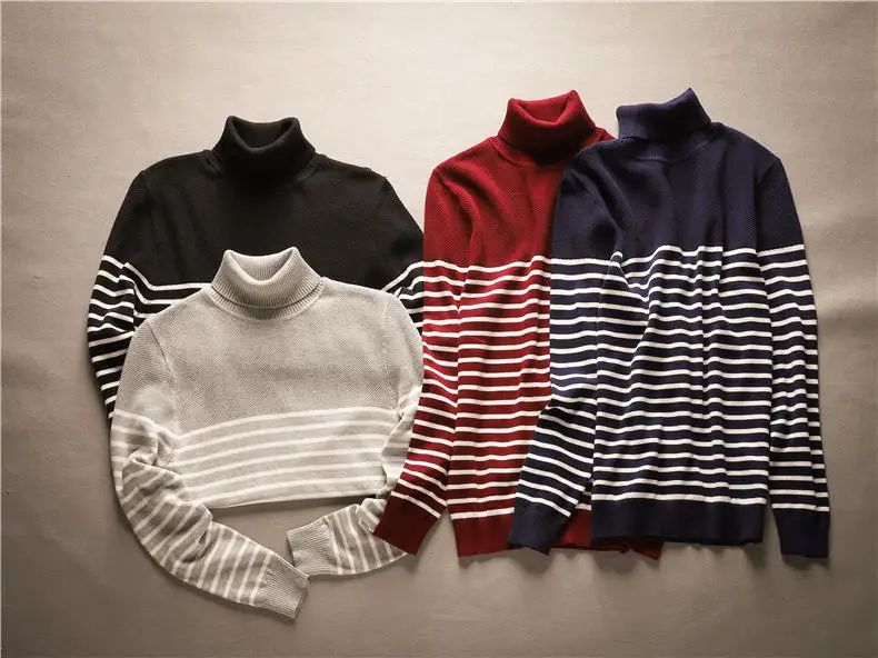 MuLS Striped Sweaters Men Pullover Cotton Knit Male Turtleneck Sweater Jumpers Spring Winter High Neck Knitwear 2018 Autumn New-06