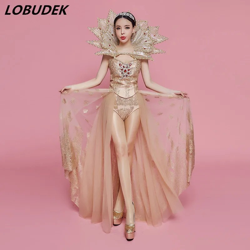 

Lady High-end Luxurious Costume Gold Crystals Diamond Bodysuit Modern Dance Show Outfit Dancer Singer Stage Catwalk Dance wear