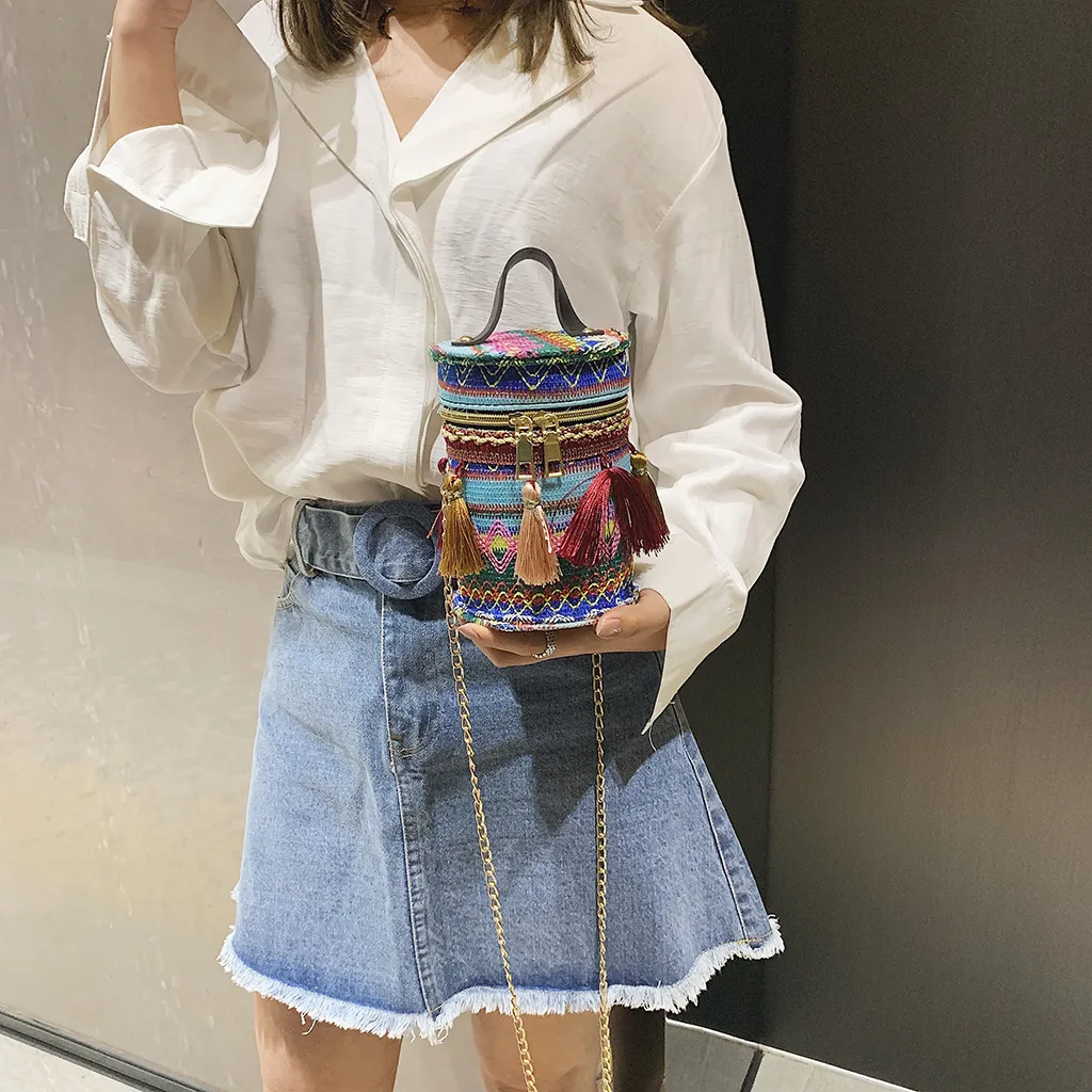 

OCARDIAN Handbags Women Fashion Denim Cylindrical Handbags Chain Messenger Bag Drum Bag Solid color Shoulder Bag dropship a9