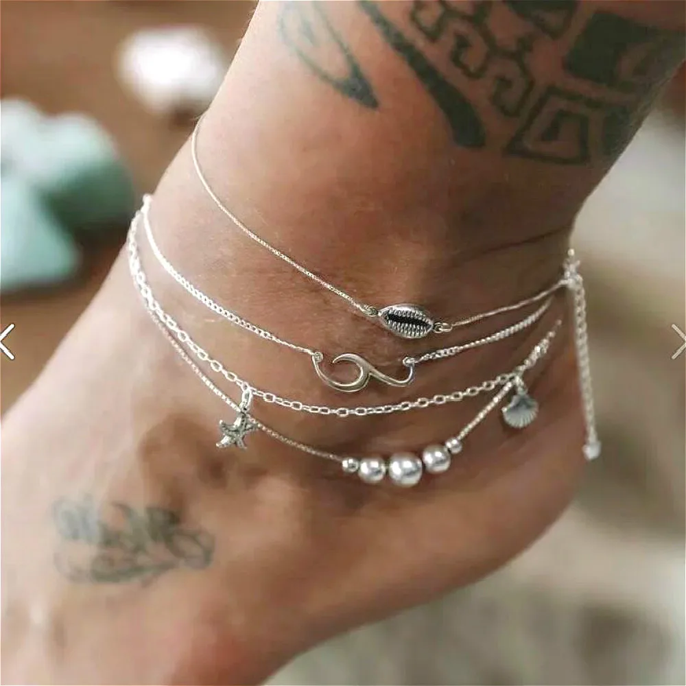 

4 PCS Shell Starfish Fashion Anklet Multilayer Foot Jewelry Fashion Ankle for Women Beach Party Gift 2019