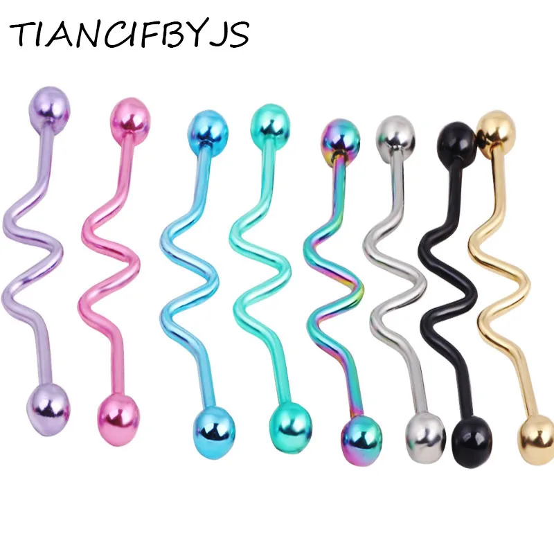 Industrial Seismic Wave 14g Barbell Ear Piercing 5mm Ball 38mm Long 2pcs Body Jewelry Ear
