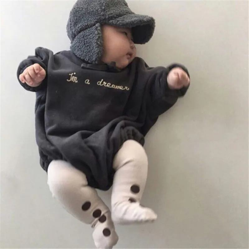 

winter Autumn Cute Baby Bodysuits Korean plus velvet Hooded Cotton One-Pieces letter Print Neutral Baby girls Clothing