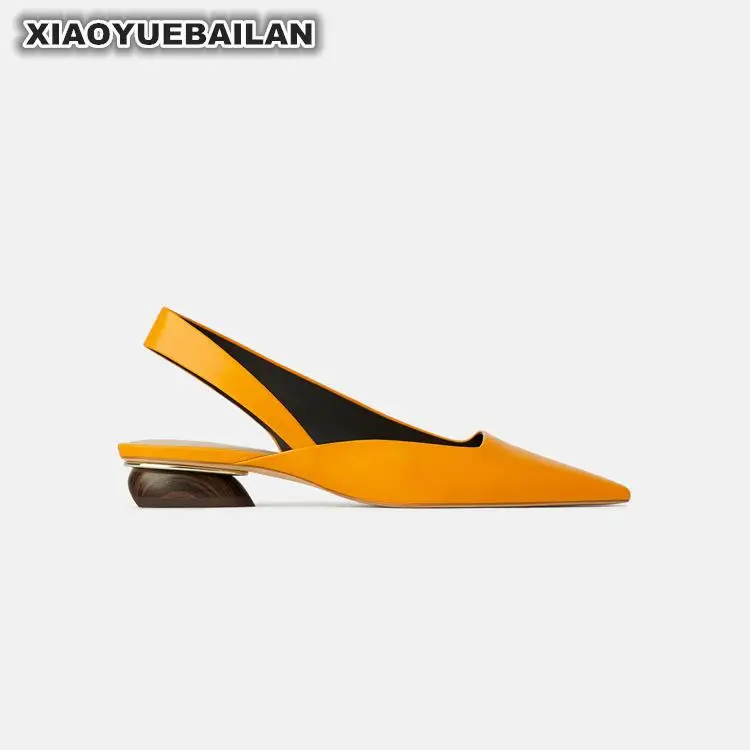 

Spring New Style Pointed Single Shoe Women's Shallow Sole Shoes With Orange Sandals And Low-heeled Wooden Grain Heel Women