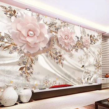 

Custom 3D Mural Wall Paper Jewelry Flower Swan Living Room TV Background Wall Decorative Wallpaper Waterproof Canvas Painting