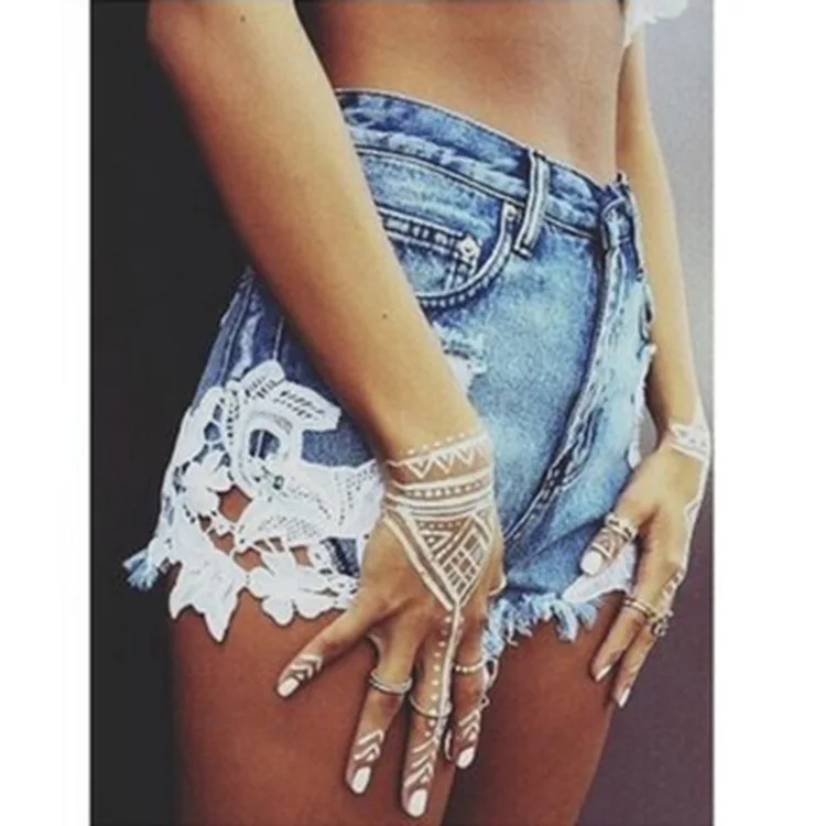 Women Jeans Shorts Mid Waist Button Fly Sexy Summer Blue Ripped Frayed Mini Denim Floral Lace Edge |
