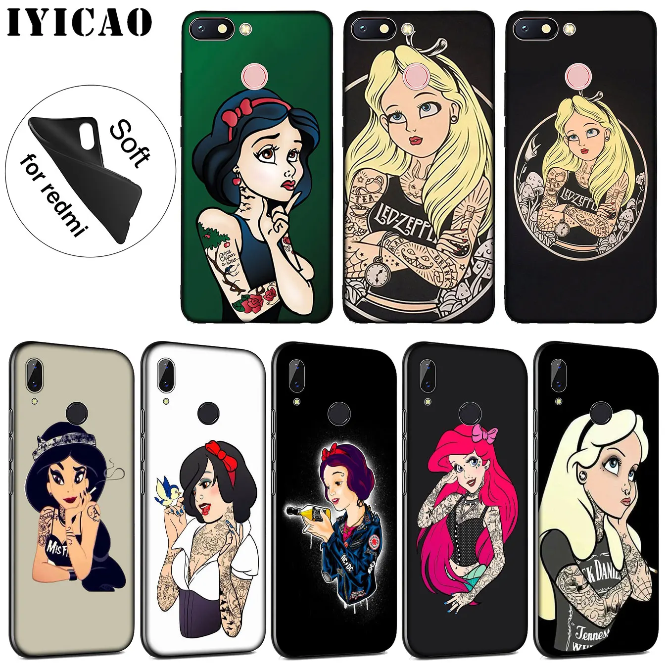 Tattooed Alice Ariel Jasmine princess cartoon Soft Case for Xiaomi Redmi K30 K20 8A 7A 6A 5A S2 GO Note 8 8T 7 5 6 Pro |