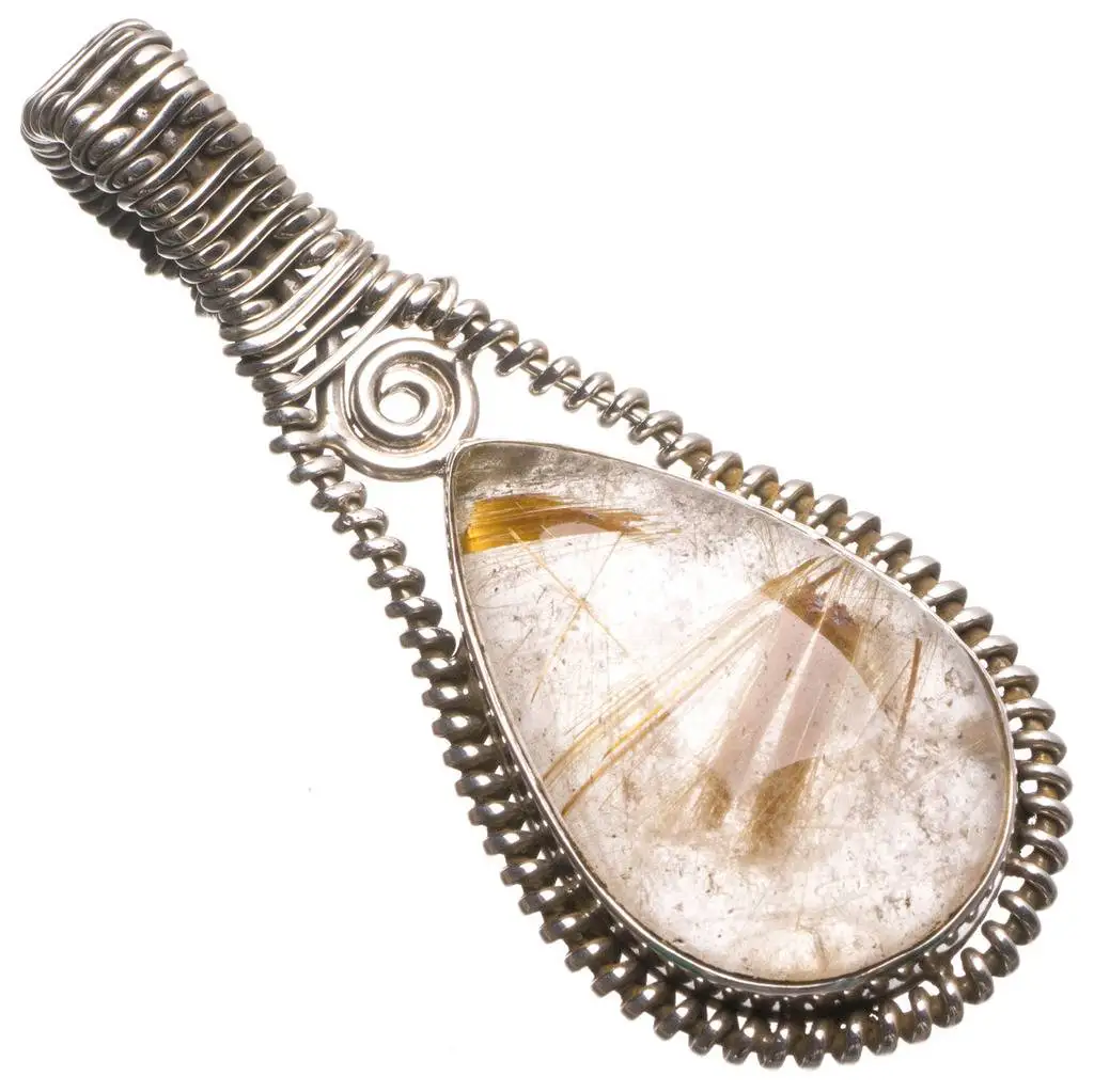 

Natural Golden Rutilated Quartz Handmade Mexican 925 Sterling Silver Pendant 2" U0291