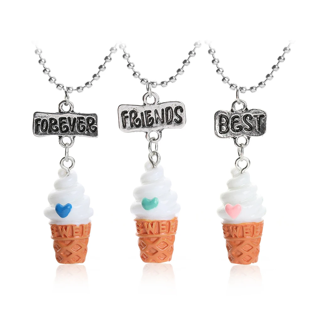 Newest 3PCS/Set BFF Best Friend Forever Ice Cream Pendant Chain Necklace for Baby Girl Boy Best