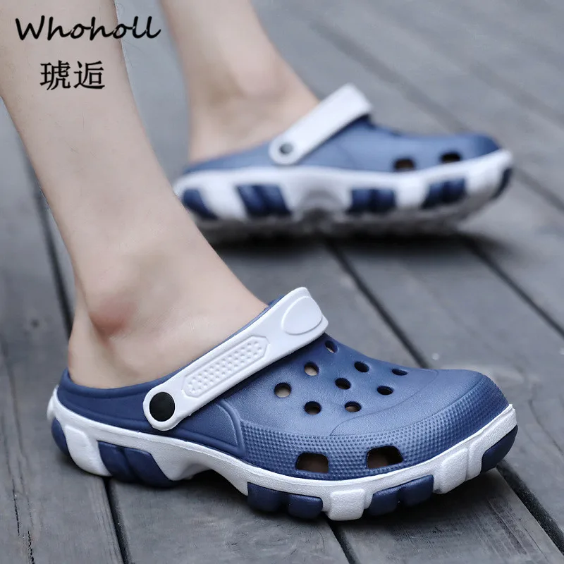 Whoholl 2019 Men Sandals Summer Slippers Shoes Croc Fashion Beach Sandals Casual Flat Slip on Flip Flops Men Hollow Shoes