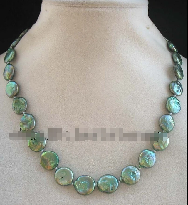

freshwater pearl 11-13mm green coin necklace 17