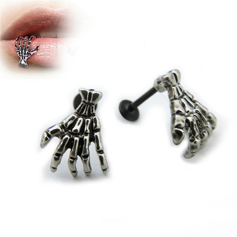 

2018 Fashion 1 pc Women Men Punk Skull Devil Hand Kylie Lip Piercing Jewelry Skeleton Labret