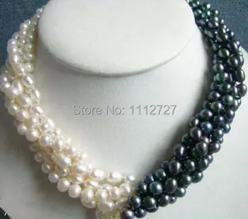 

New fashion charming 5rows 7-8mm white & black Akoya Cultured Pearl necklace beads Jewelry Natural Stone BV64 Wholesale Price