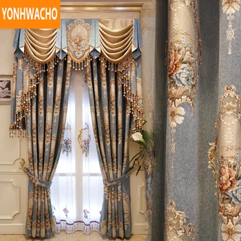 

Custom curtains luxury windproof warm European villa living room thick chenille cloth blackout curtain tulle valance drape N993