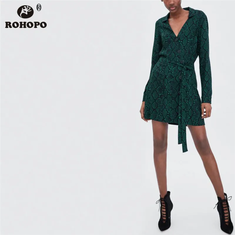 

ROHOPO Snake Skin Autumn Dress Green Serpentine Button Fly Belted Mini Dress Long Sleeve Ladies Vintage Flare Vestido #OYK8723