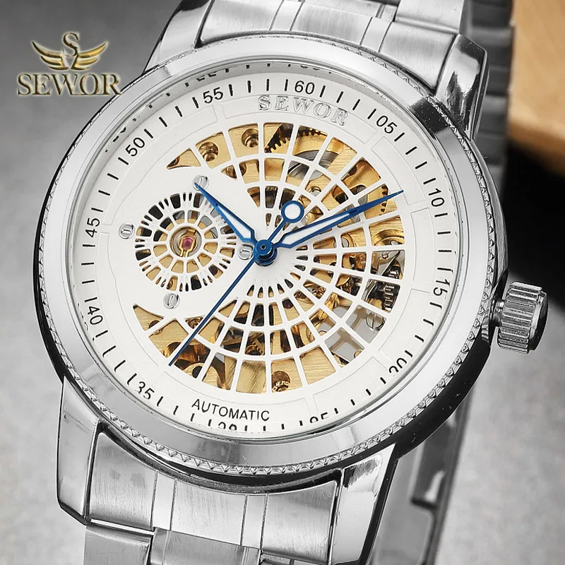 

SEWOR Mens Fashion Luxury Brand 2019 Full Steel Mesh Skeleton Mechanical Automatic Watch Men Sport Watch SILVER C408