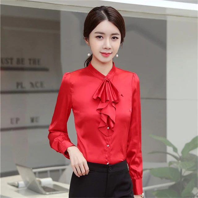 Blusas camisas rojas de manga larga para mujer, de trabajo de oficina, Tops, ropa femenina, estilos de uniforme AliExpress