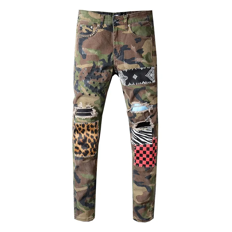 Sokotoo Men's camouflage leopard patchwork stars printed jeans Slim ...