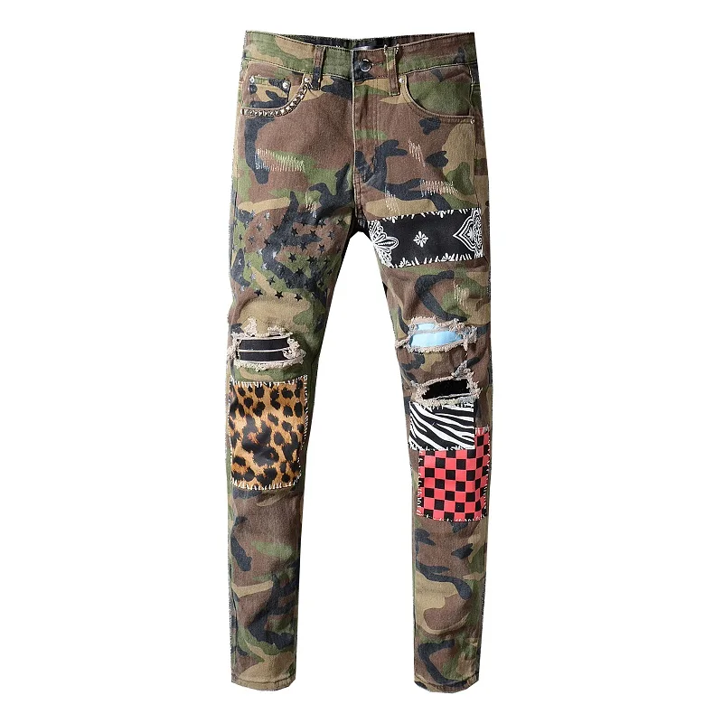Sokotoo Men's camouflage leopard patchwork stars printed jeans Slim rivet holes ripped stretch denim pants Plaid trousers Sokotoo Men's camouflage leopard patchwork stars printed jeans Slim rivet holes ripped stretch denim pants Plaid trousers
