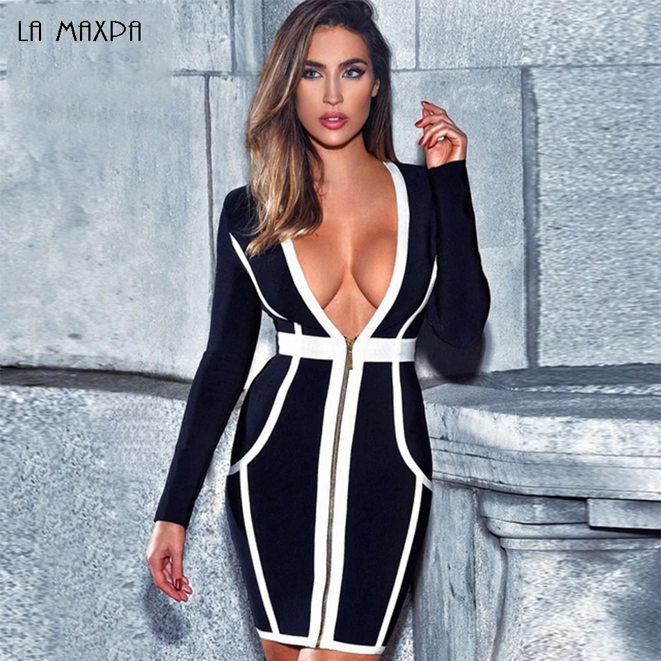 2017-Newest-Winter-Bandage-Dress-Women-Celebrity-Party-Long-Sleeve-V-Neck-Sexy-Night-Out-Dress (5)