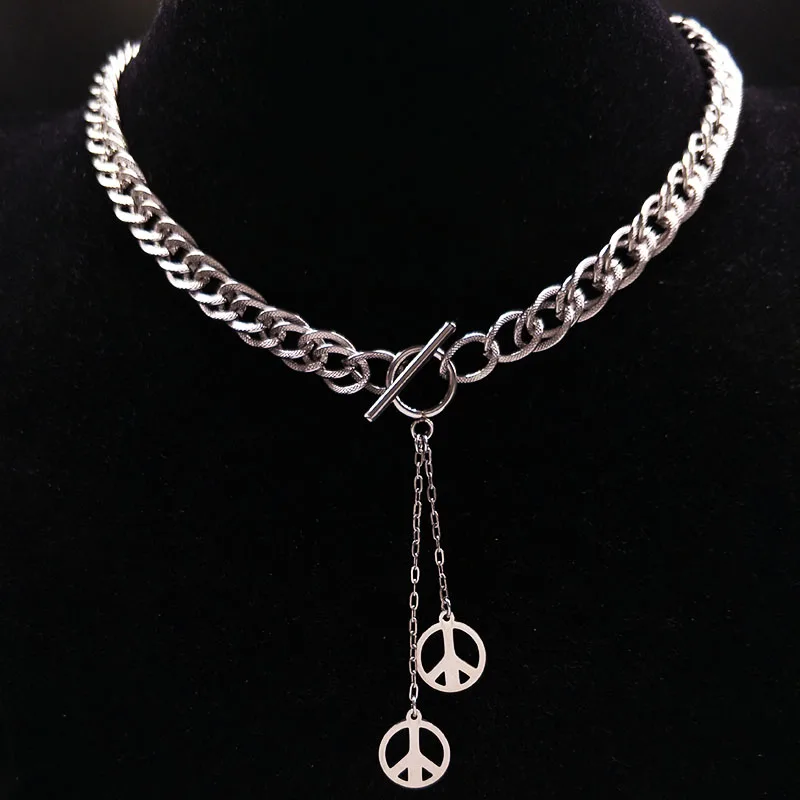 2019 Peace Sign Stainless Steel Necklace for Women Jewerly Round Silver ...