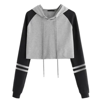 

Women's Cropped Hoodie Pullover Tops Long Sleeve Striped Streetwear Casual Drawstring Short Hooded Sweatshirts Women Clothes