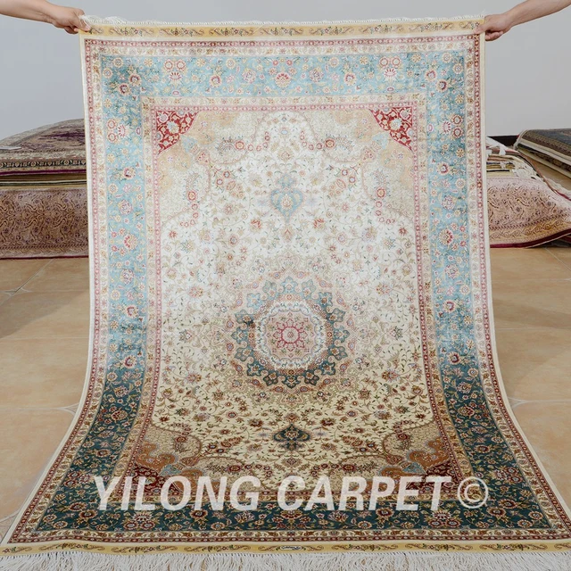 Yilong 4x6 Turkish Silk Carpet Vantage Medallion Beige Persian Rug Shop 0099 Yilong 4x6 Turkish Silk Carpet Vantage Medallion Beige Persian Rug Shop 0099