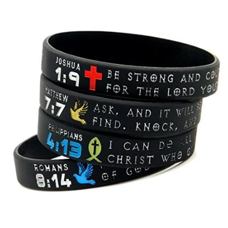 symbols of faith bible bracelets w christian symbols - set of 4 scripture engraved silicone wristbands (2)_
