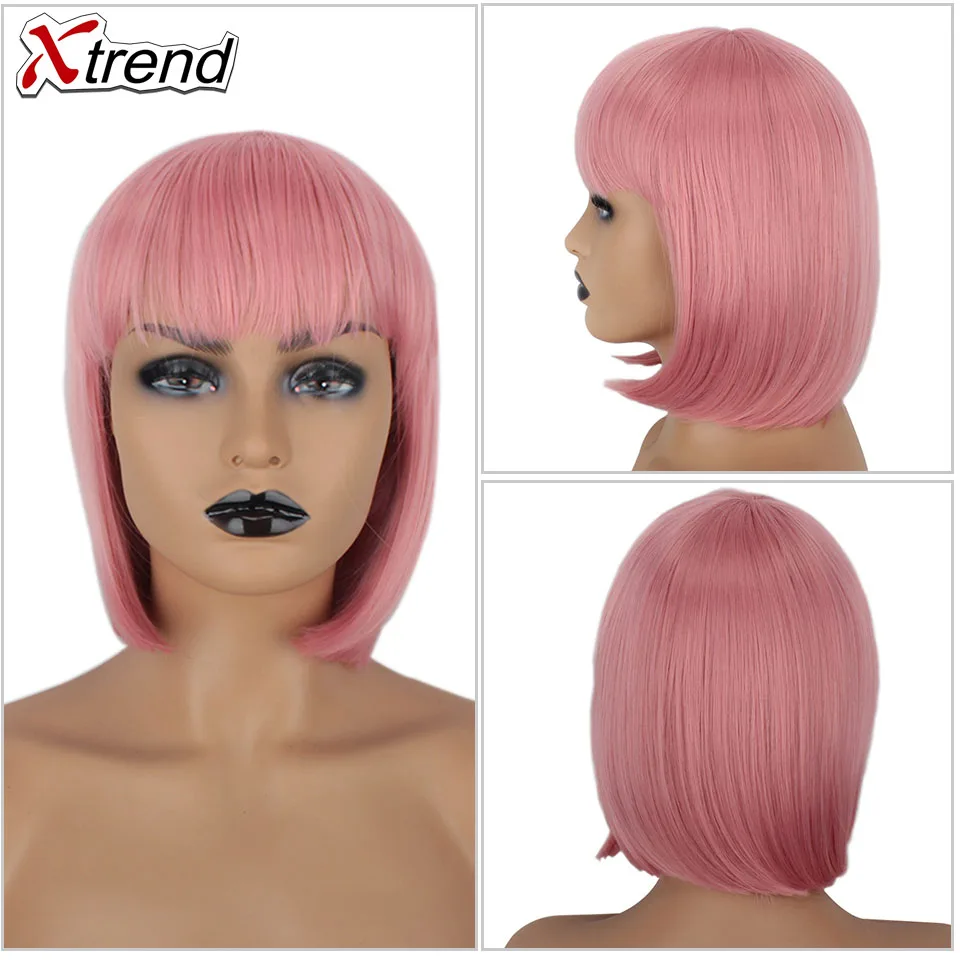 Xtrend Short Wig Perruque Wigs With Bangs For Black Women Peruca Synthetic Black Pink Grey Straight Hair Bob Style Pelucas