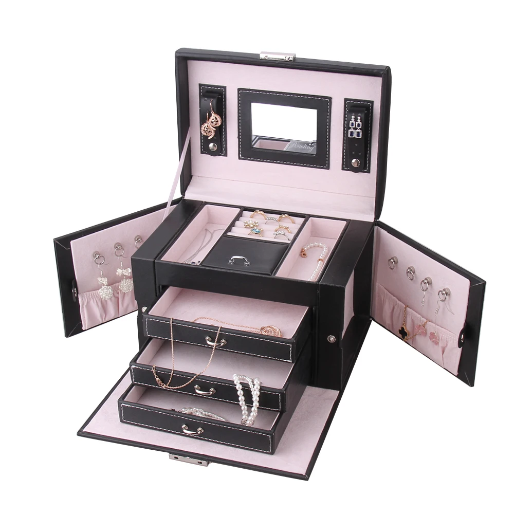 [ROWLING]Black Luxurious Leather Jewelry Ring Earring Travel Box Case