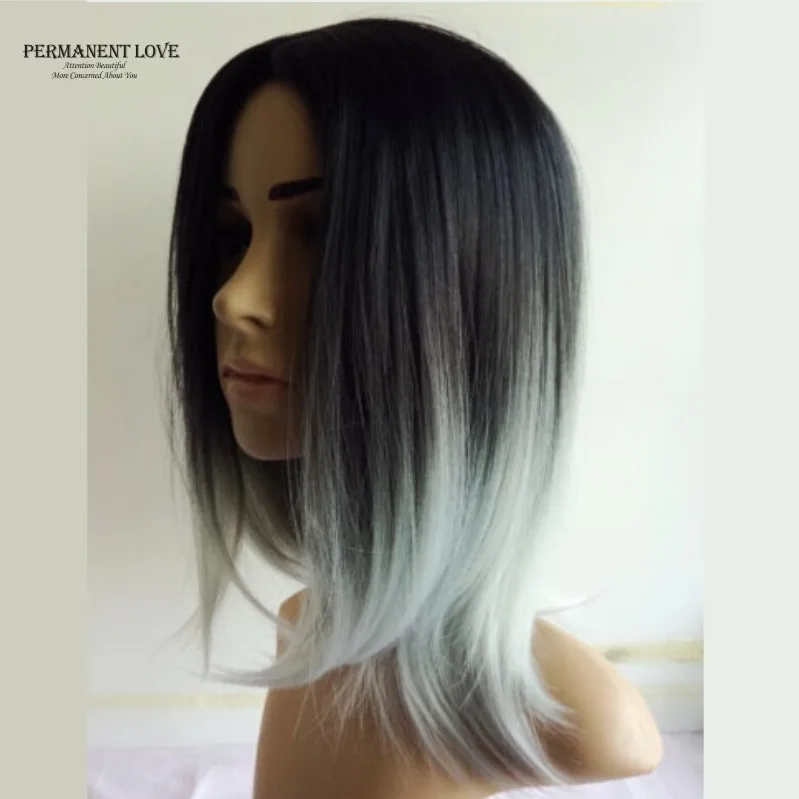 Silk Straight Grey Ombre Wigs Two Tone Natural Black Rooted Gray