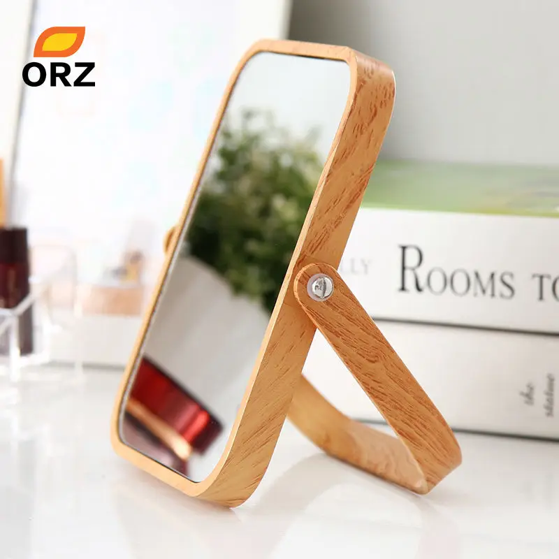 Espejo de maquillaje de plástico oblongo de escritorio ORZ espejo de dos caras de madera de grano de Color decorativo para baño espejo cosmético