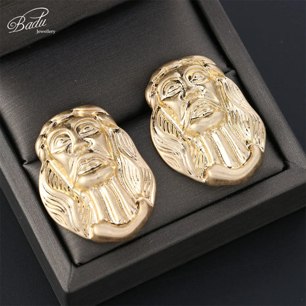 

Badu Vintage Frosted Gold Portrait Earring for Women Big Stud Irregular Earrings Punk Fashion Jewelry Gift for Girls Wholesale