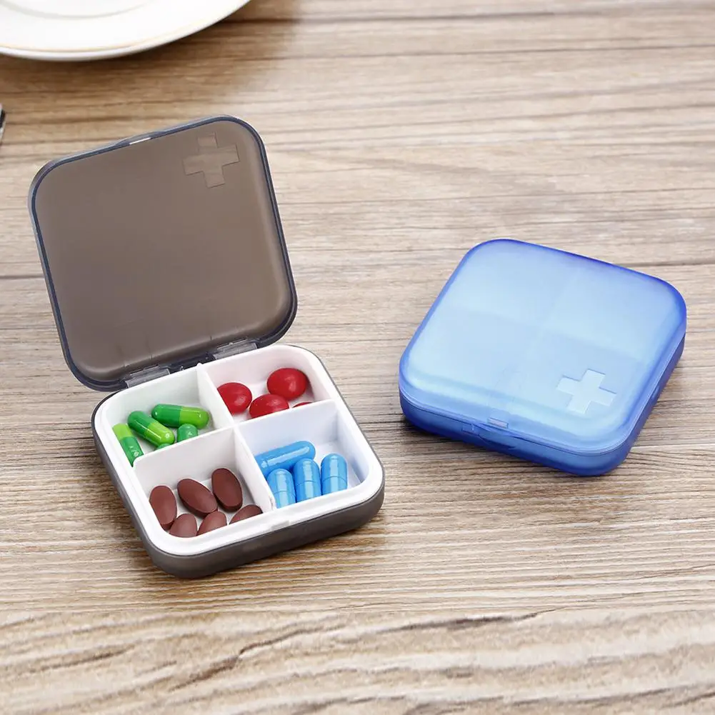 

4 Grids Mini Portable Daily Pill Box Medicine Box Home Travel Pill Storage Organiser Cases Grey Blue 1pc