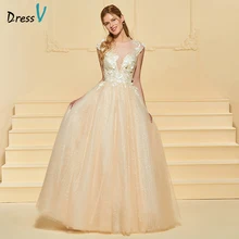 Dressv Long Wedding Dress Scoop Neck Cap Sleeves Tulle A Line Lace Plus Size Elegant 2018 Custom Wedding Gown Wedding Dress