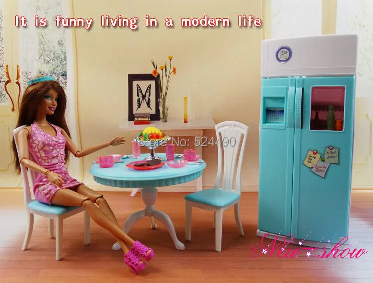 Green Dinner Tea Table Chair Refrigerator Set Dollhouse Accessories Girl s toy Furniture for 1 6