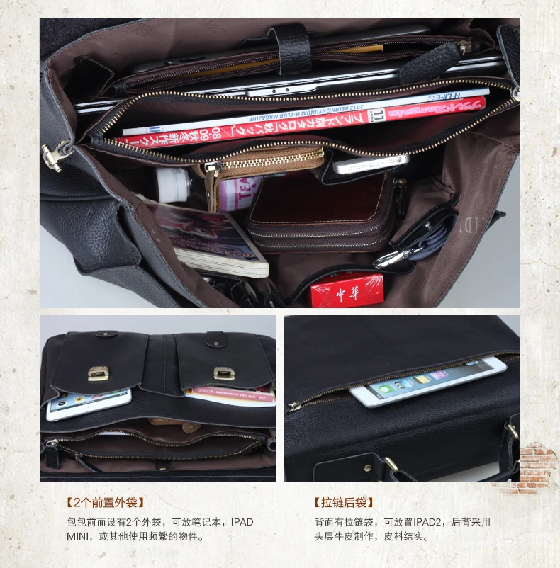 Full Grain Leather Briefcase Mens Casual Totes 15 Inches Laptop Bag Office Bags Large Capacity Grey Dark Grey