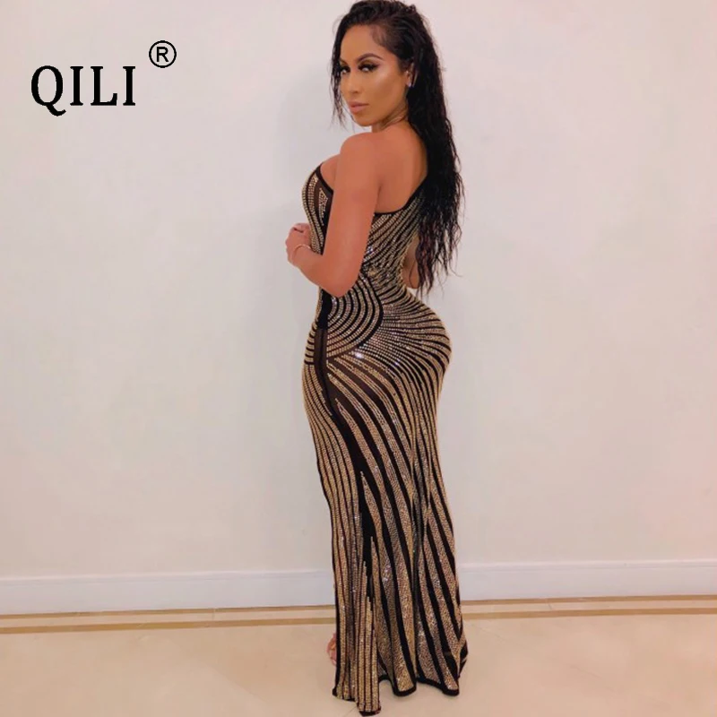 QILI Women One Shoulder Diamonds Dress Sexy High Split Mesh Rhinestone Long Maxi Dresses Evening Party Club Dress Gold