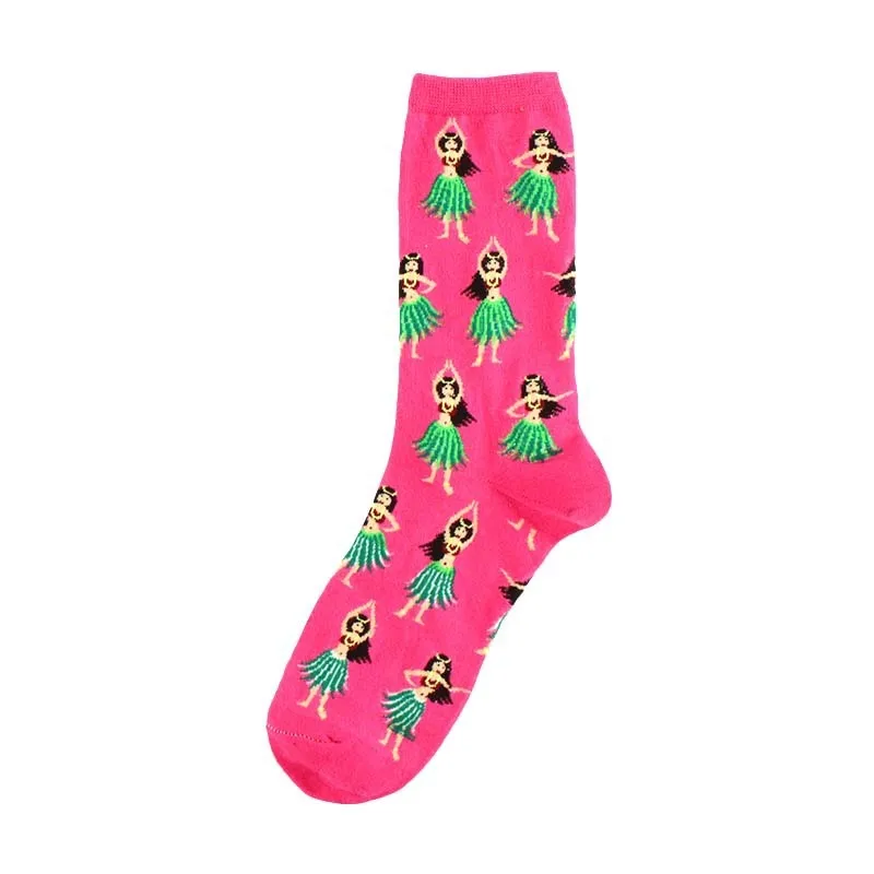 PEONFLY, модные, милые, мягкие, новинка, хлопковые, женские носки, собаки, кошки, авокадо, пиццы, цветные, Мультяшные, Kawaii, забавные, счастливые носки, розовый подарок - Цвет: Hula Girls
