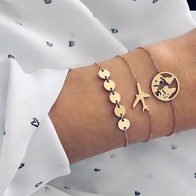 3 шт./компл. панк самолет карта круглая цепочка золотой кулон женский браслет Набор Мода необычная одежда ювелирные изделия аксессуары